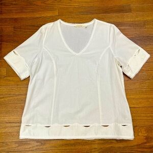 Soft Surroundings White Cotton Canvas V Neck Cut Out Blouse Tunic Top Sz Large